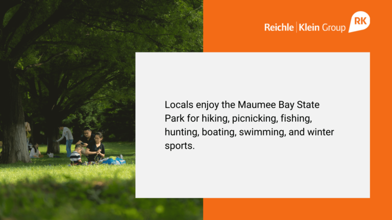 Maumee Bay State Park has hiking picnicking, fishing, hunting, boating